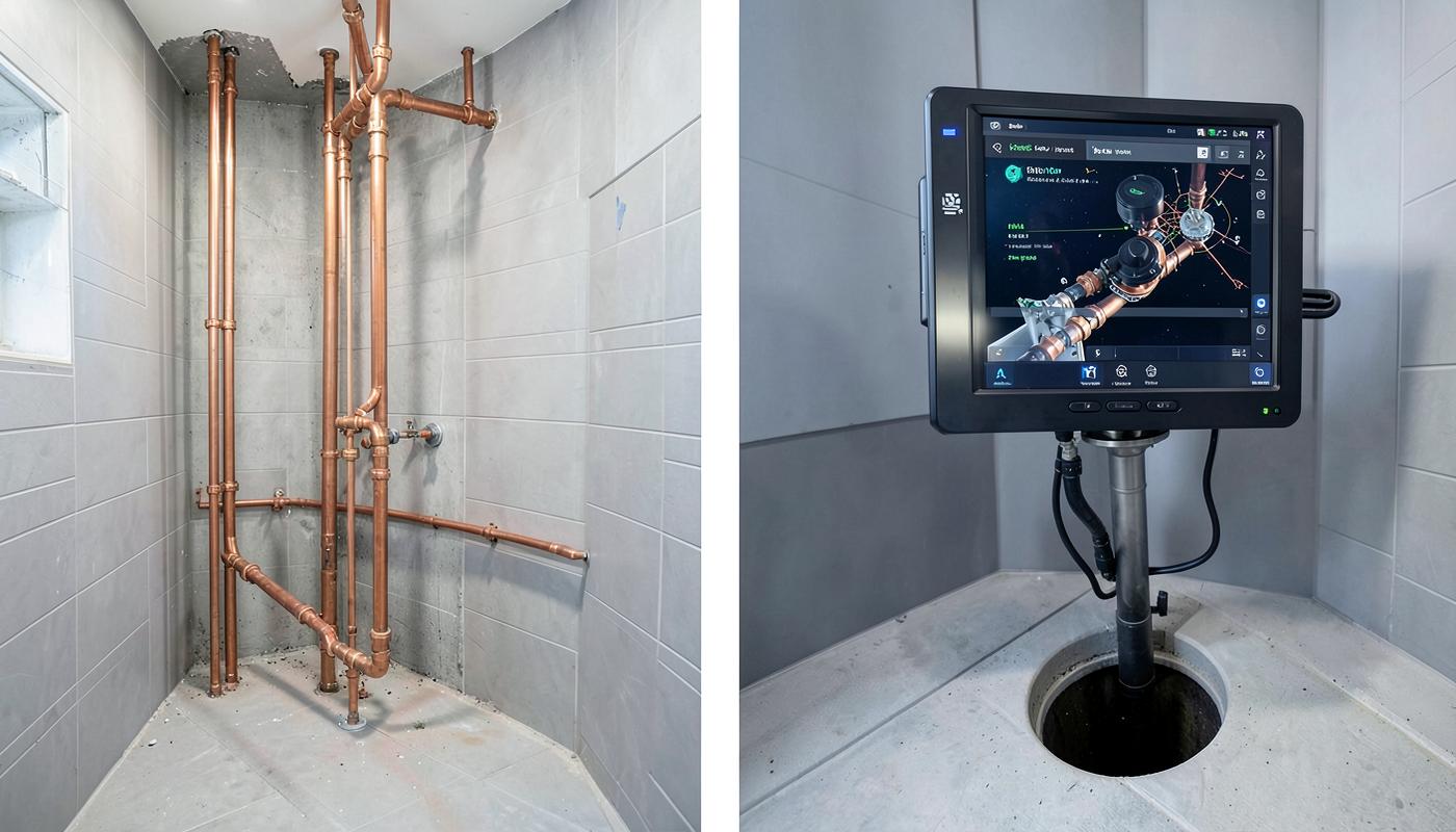 Precision copper plumbing installation in a residential bathroom