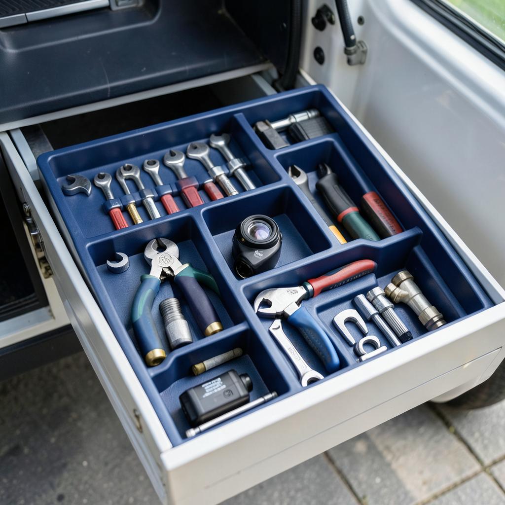 Organized professional plumbing tools in a service vehicle